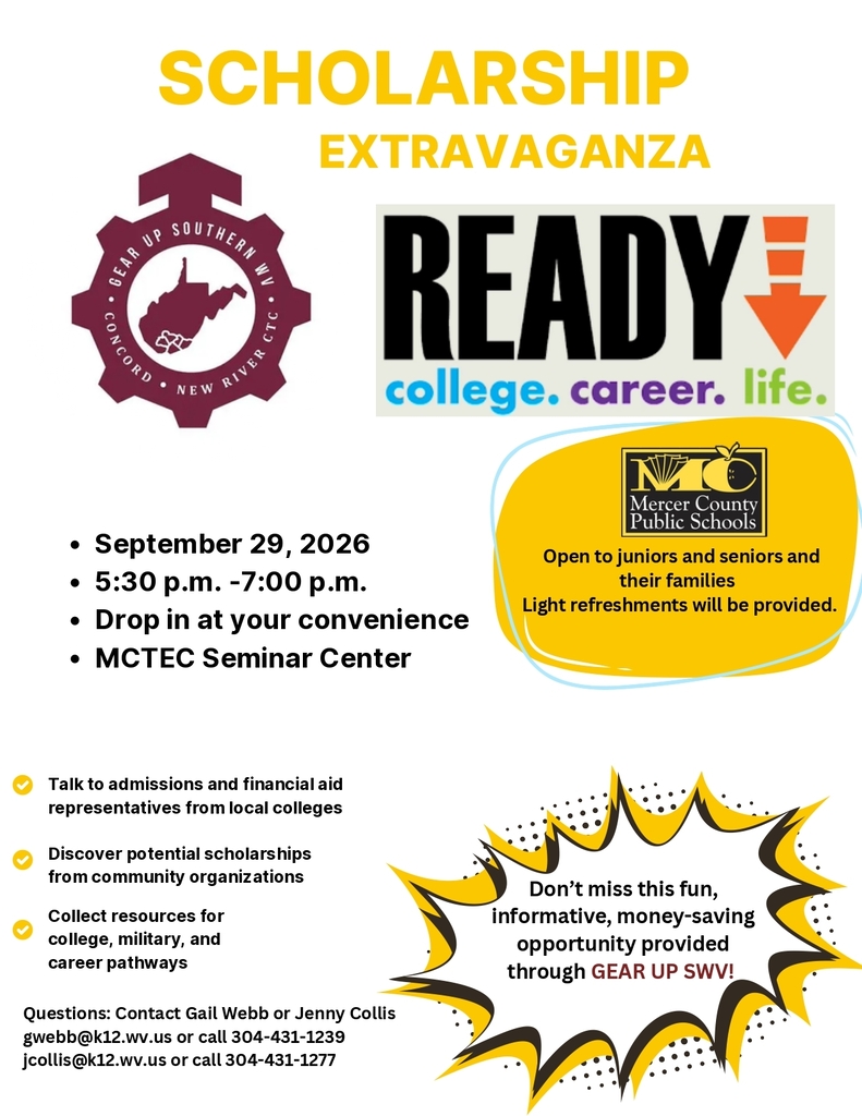 An event poster advertises the Scholarship Extravaganza Ready event. It shows dates, times, and a location. It invites juniors and seniors to join.
