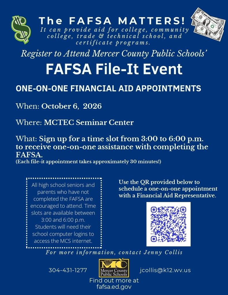 An advertisement for the FAFSA File-It Event on October 6, 2026, from 3:00 to 6:00 p.m. It includes information on financial aid and a QR code for scheduling.