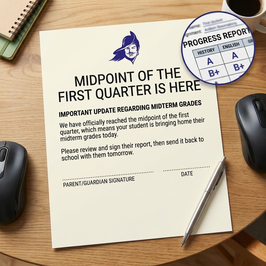 A desk with a paper reading "Midpoint of the First Quarter Is Here" and a pen next to it.