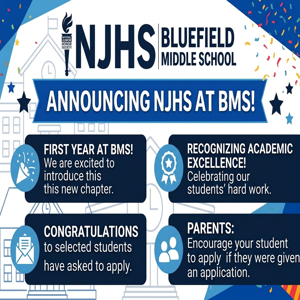 Poster with blue and white background. Text includes "NJHS Bluefield Middle School", "First Year at BMS", "Recognizing Academic Excellence", "Congratulations", "Parents".