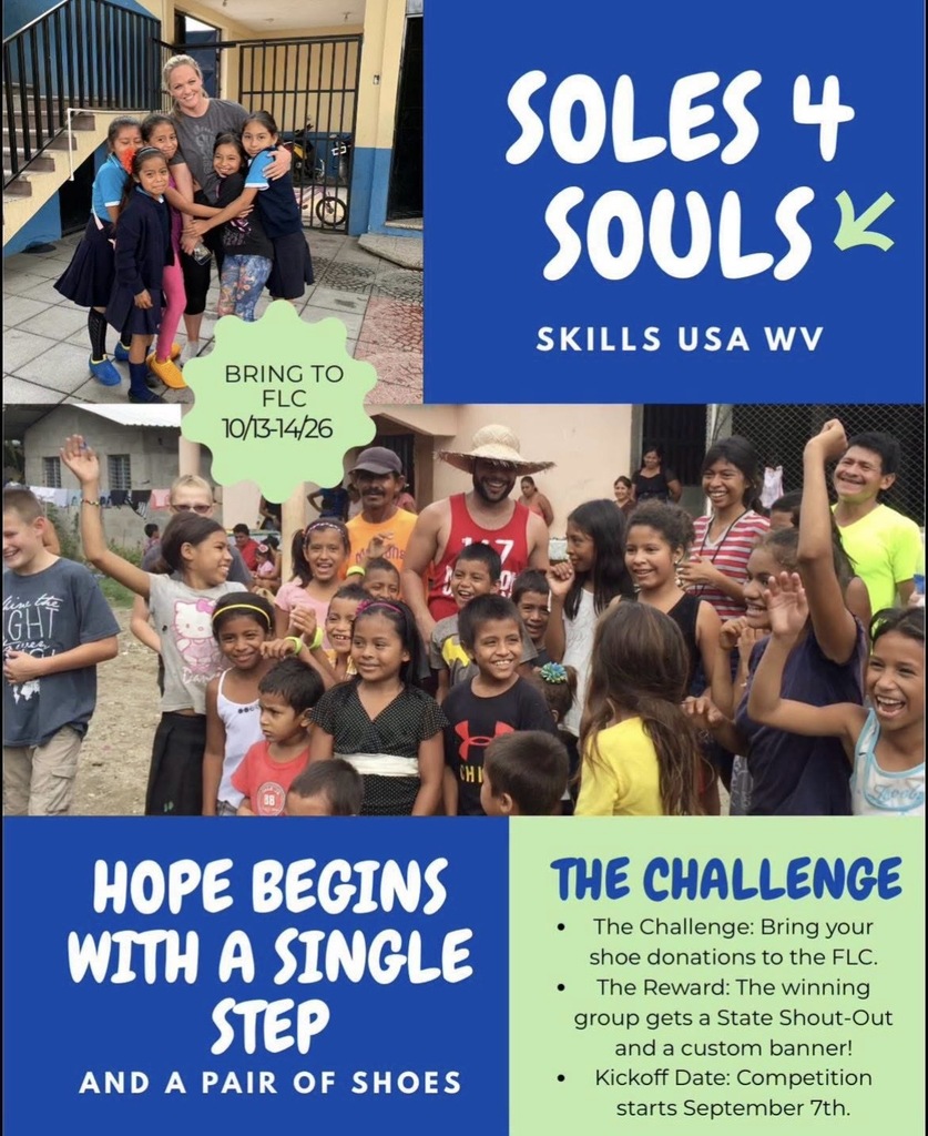 A poster with multiple photos shows children and adults. Text reads "Hope begins with a single step and a pair of shoes."