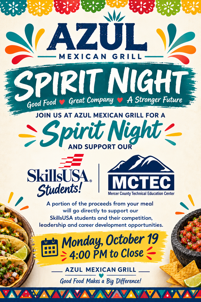 A flyer for "Azul Mexican Grill Spirit Night" with colorful Mexican decor. It features two bowls of food, a plate of chips, and a flyer date.