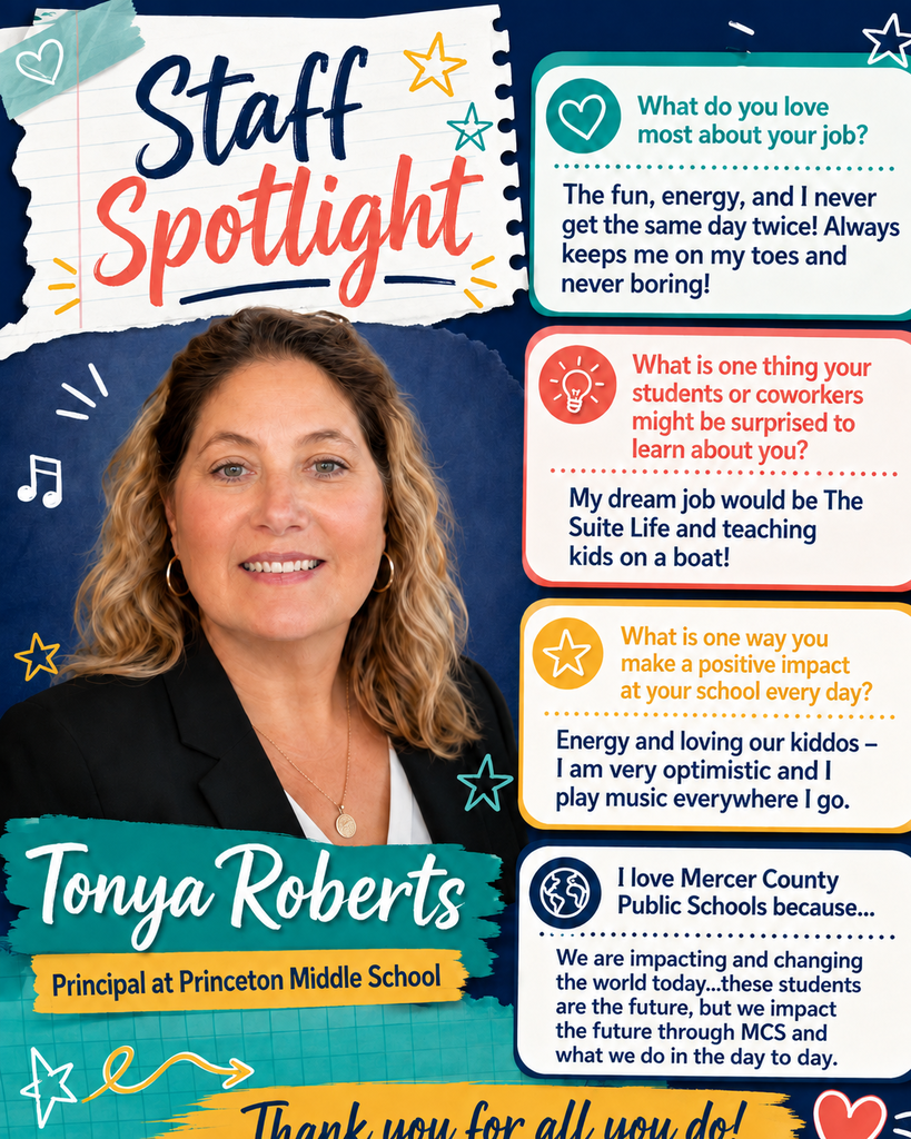 A poster featuring Tonya Roberts with text boxes. It reads "Staff Spotlight" at the top. A few text boxes show questions and answers.