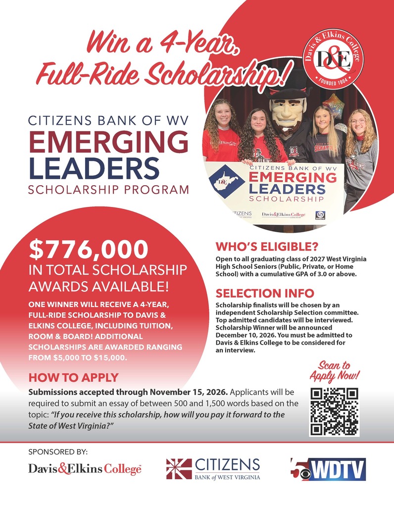 Scholarship flyer with "Win a 4-Year Full-Ride Scholarship!" header. It lists $776,000 in total scholarship awards and eligibility criteria.