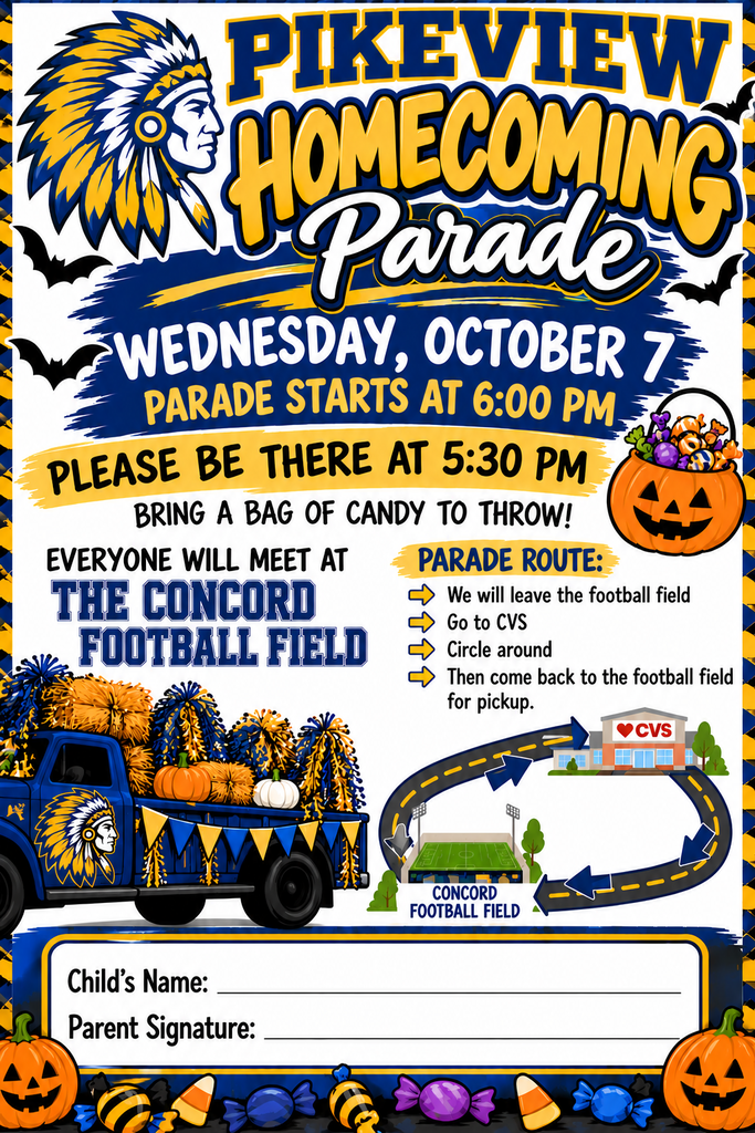 Flyer for Pikeview Homecoming Parade on Wednesday, October 7. Parade starts at 6 PM. Attendees to meet at 5:30 PM. Pumpkins, candy, and a parade route are shown.