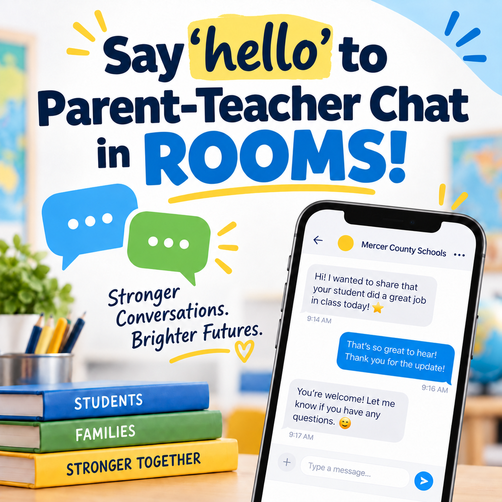 Poster with text "Say hello to Parent-Teacher Chat in ROOMS!" and a phone displaying messages. Books, pencils, and a globe.