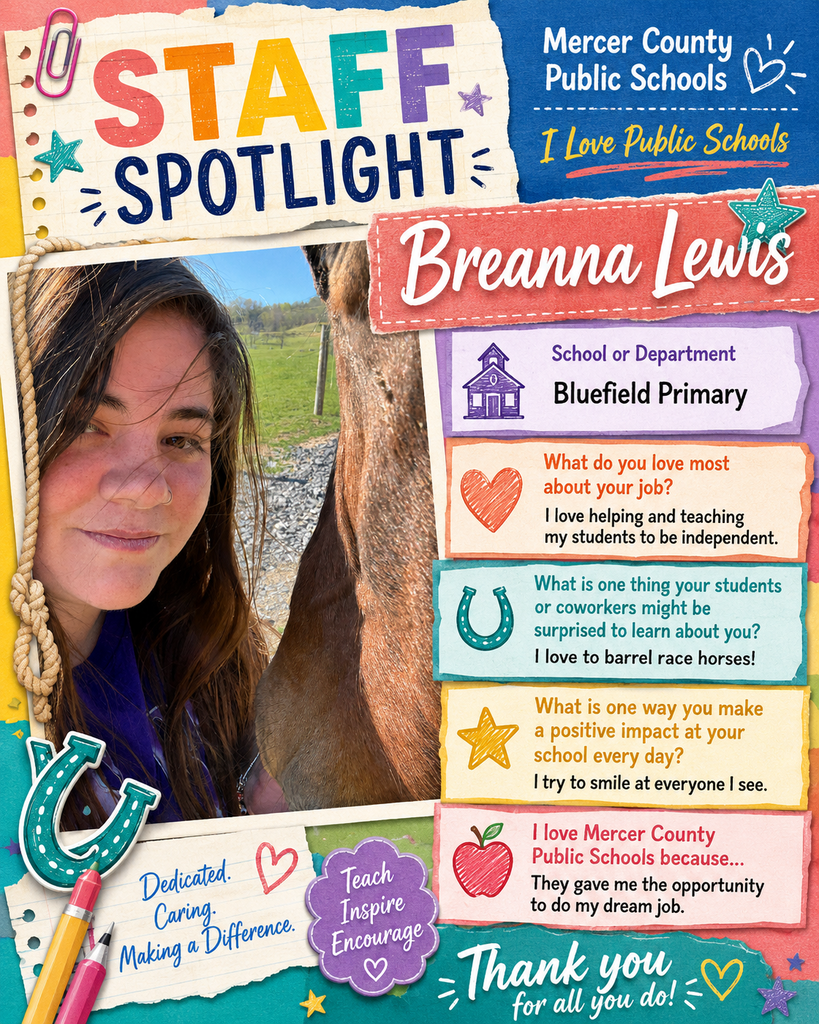 A poster with a photo of a smiling woman, text reading "Staff Spotlight," and a section titled "Brenna Lewis."