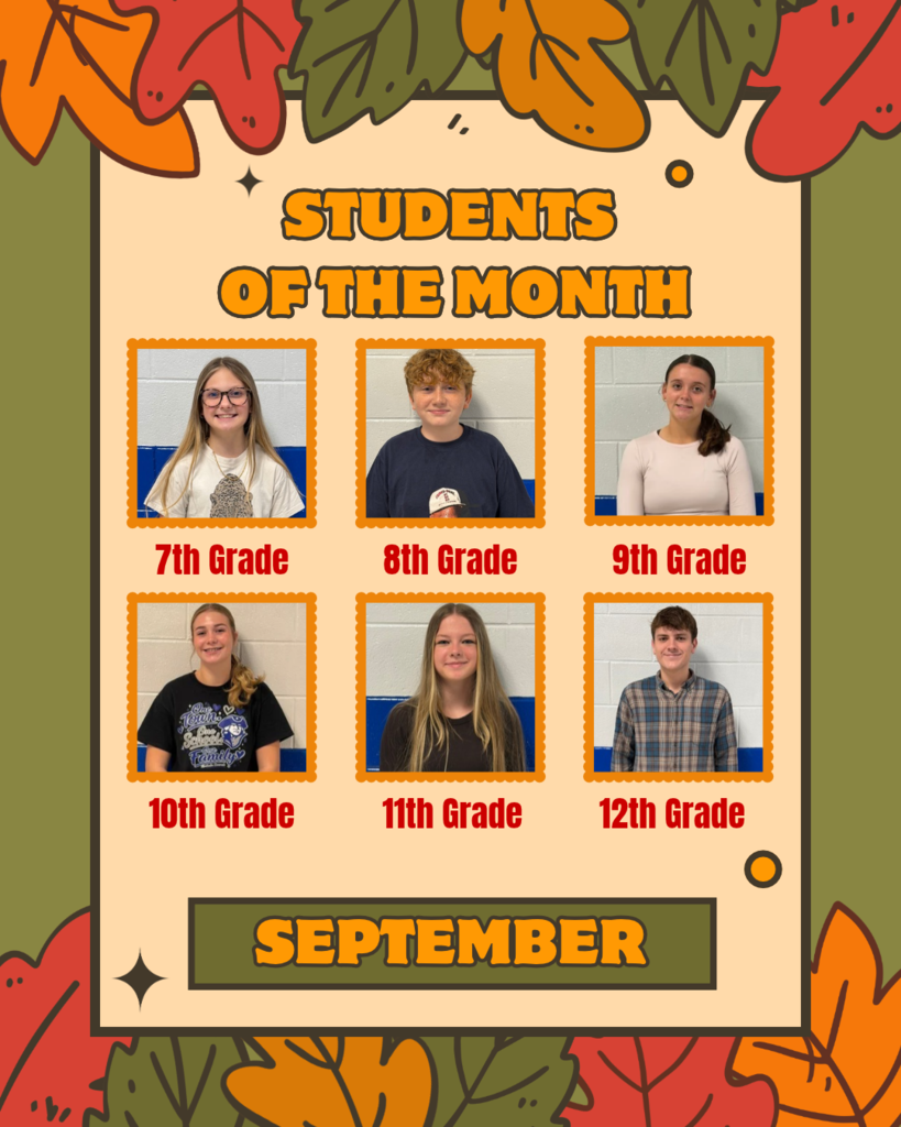 Display with six photos, titled "Students of the Month for September". Each photo shows a student with their grade level. Leaves border the top, bottom, and sides.