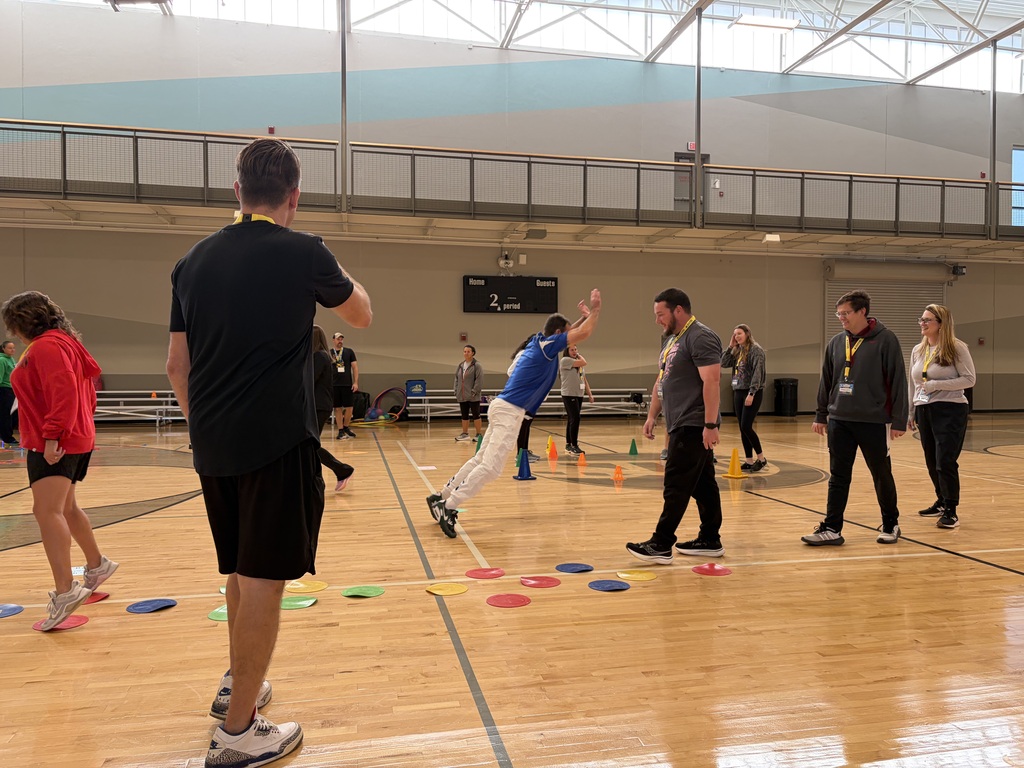 A group of adults in a gymnasium participating in a game.