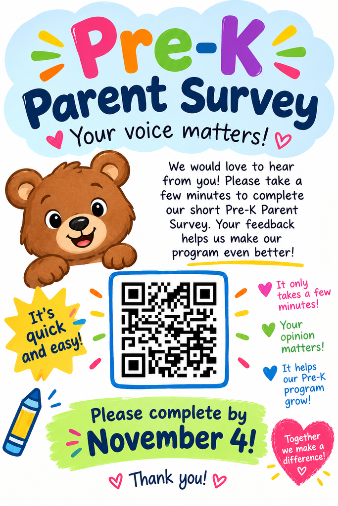 Graphic with blue pencil, brown bear, and colorful text and shapes. Text: Pre-K Parent Survey, QR code, and completion date November 4.