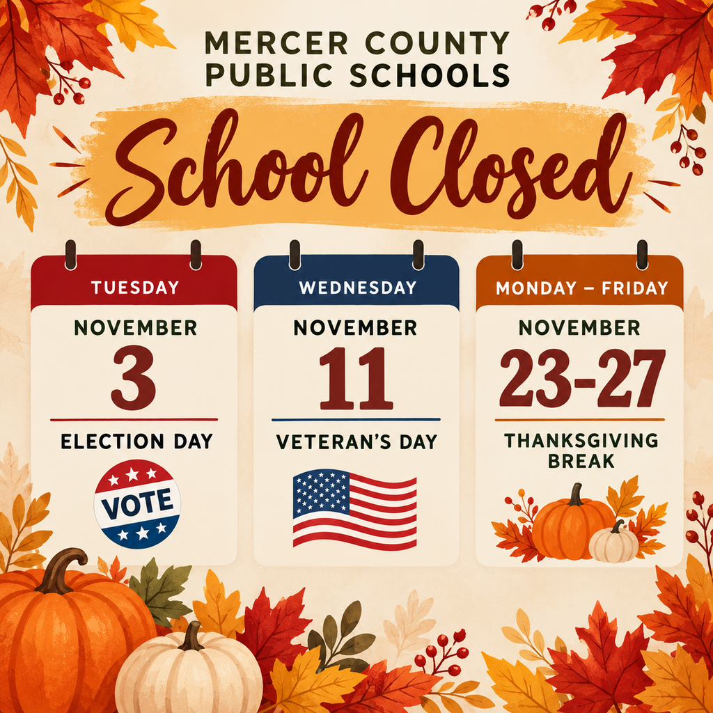 A school closure poster with dates for November 3, 11, and 23-27. Text reads "School Closed" with pumpkins, leaves, and flags.