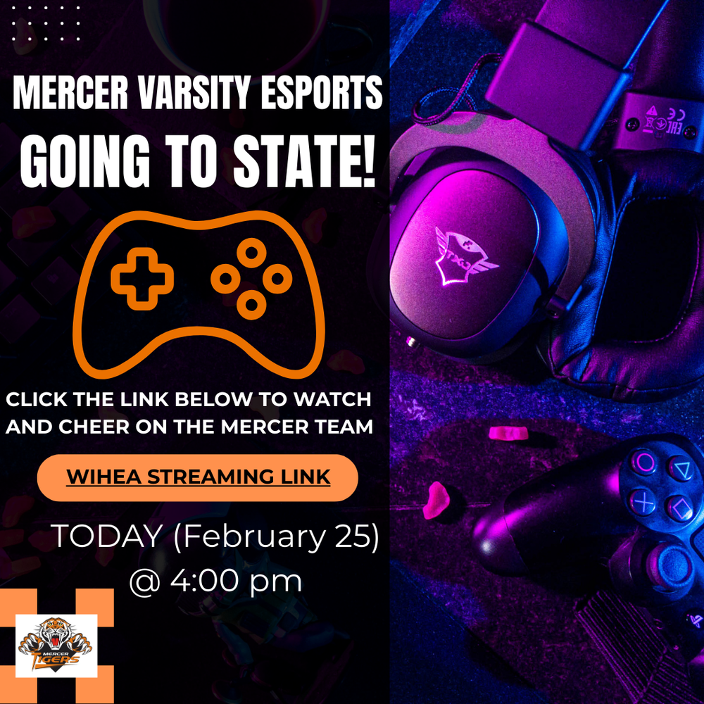 Gamine headset and controller in background on right, orange controller on left and tiger logo bottom left