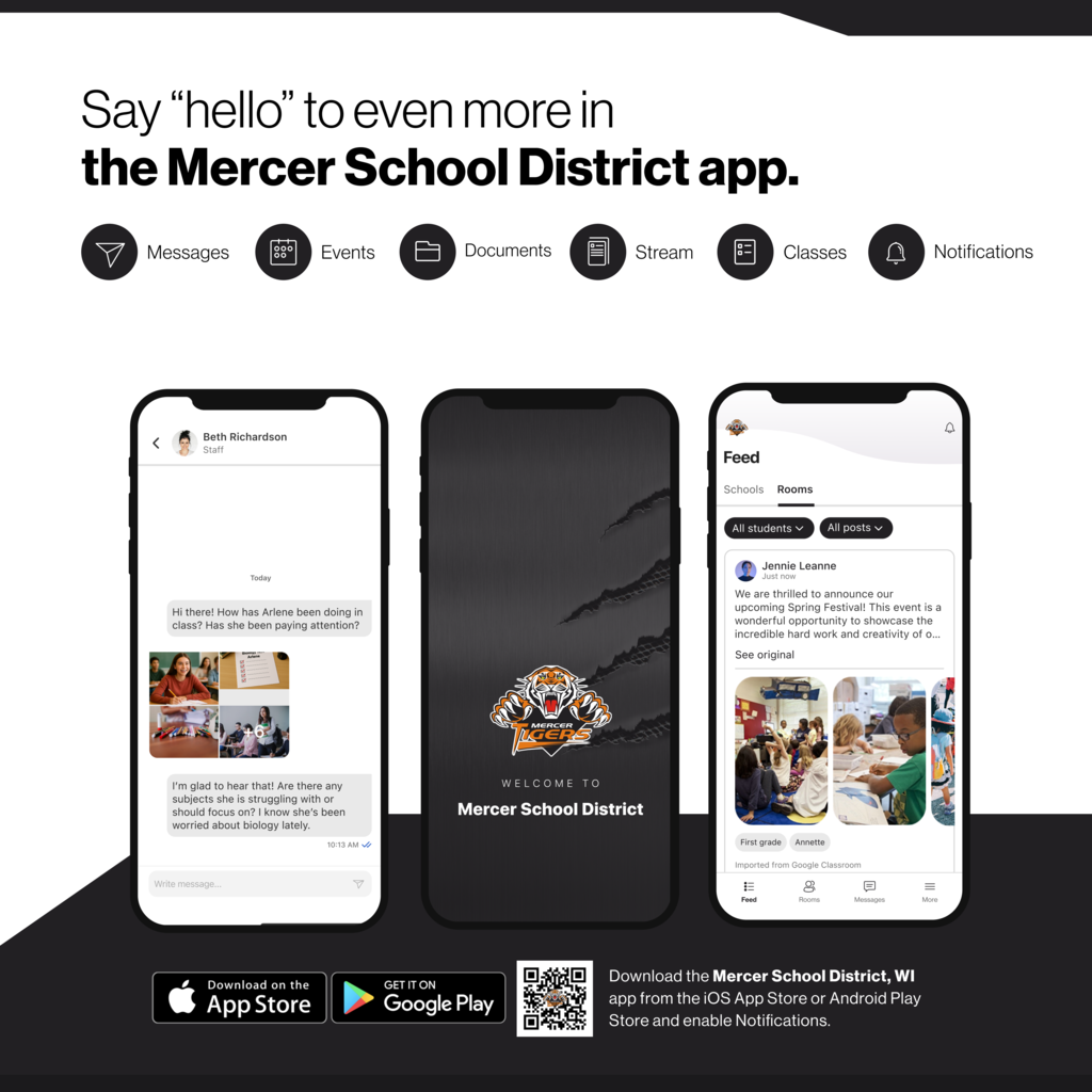 3 phones showing texts, the Mercer app, and live feed from Rooms