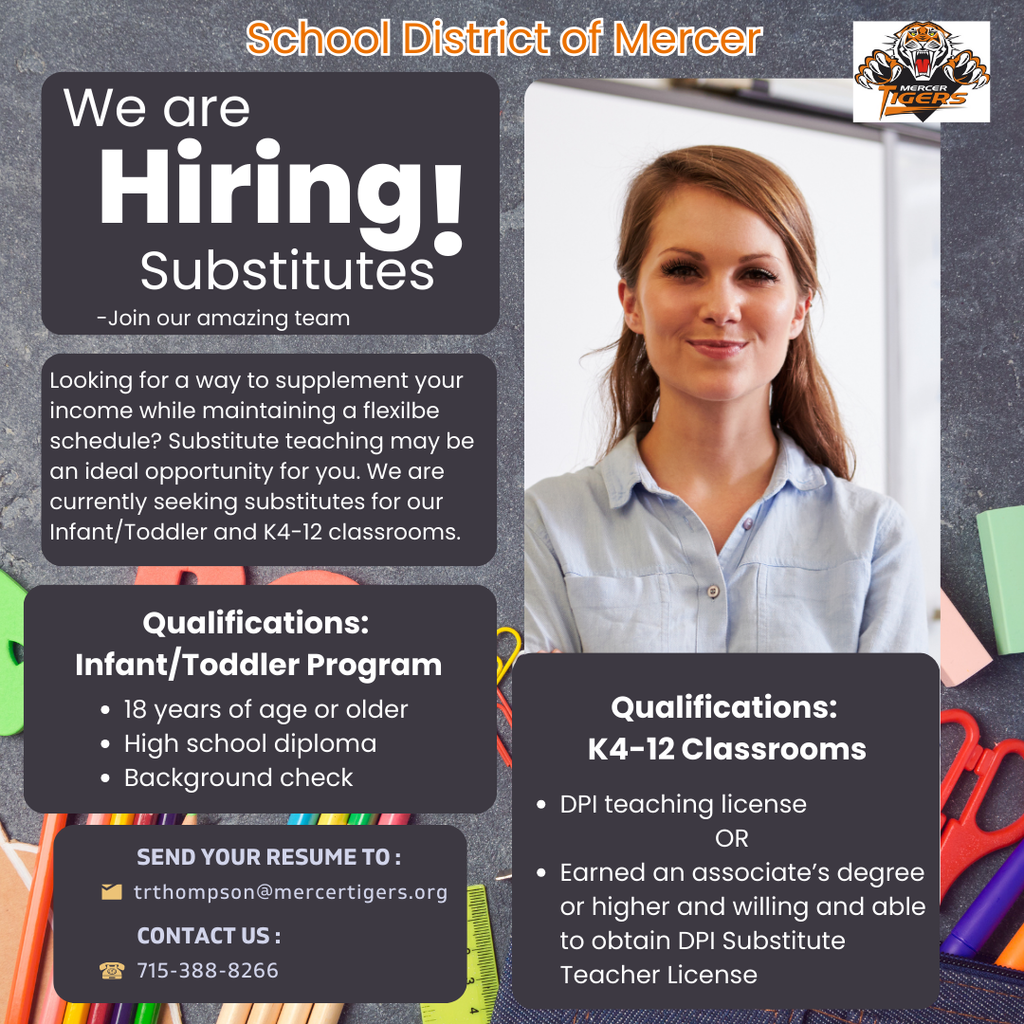 Post Hiring Substitutes. background: gray chalkboard background with various school supplies. photo of woman in blue button up shirt on right.