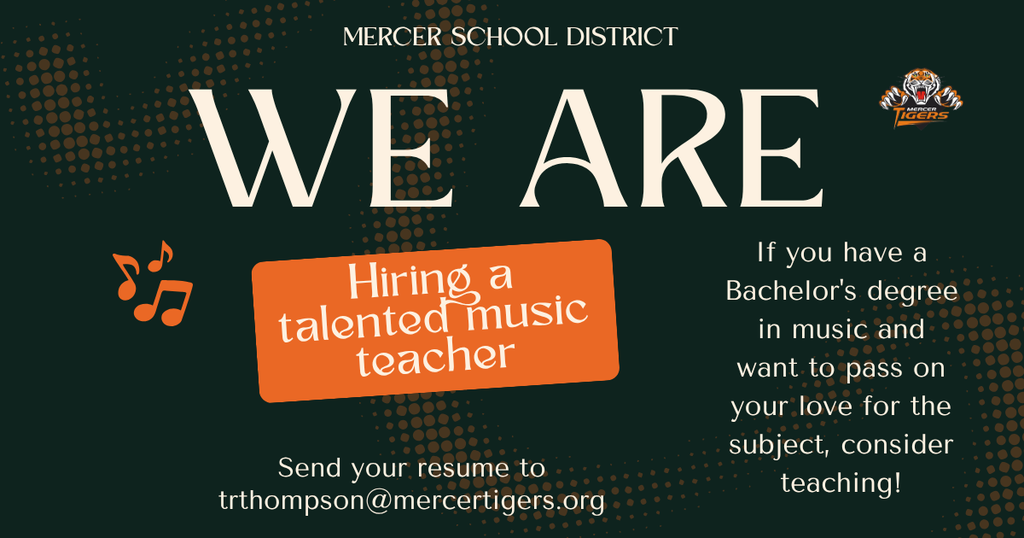 Black and green poster with white text and orange rectangular graphic. It reads "We are hiring a talented music teacher".