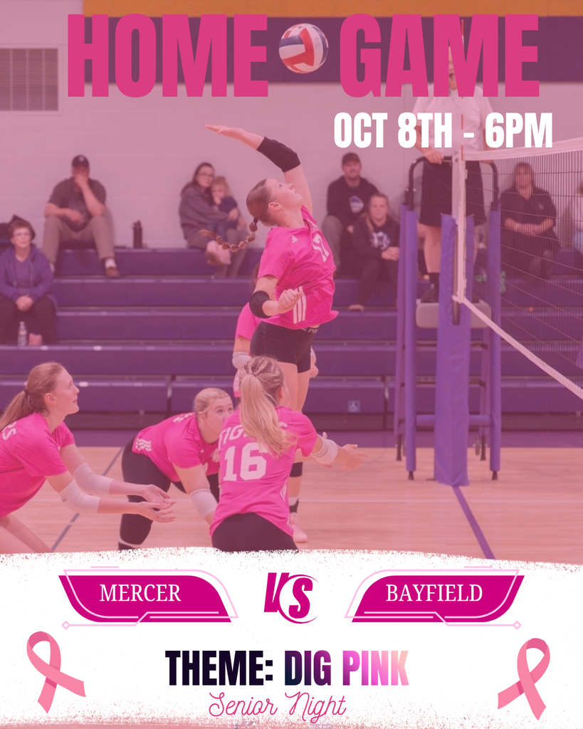 Volleyball players in pink uniforms on a court. Pink ribbons and the theme "Dig Pink" are visible.