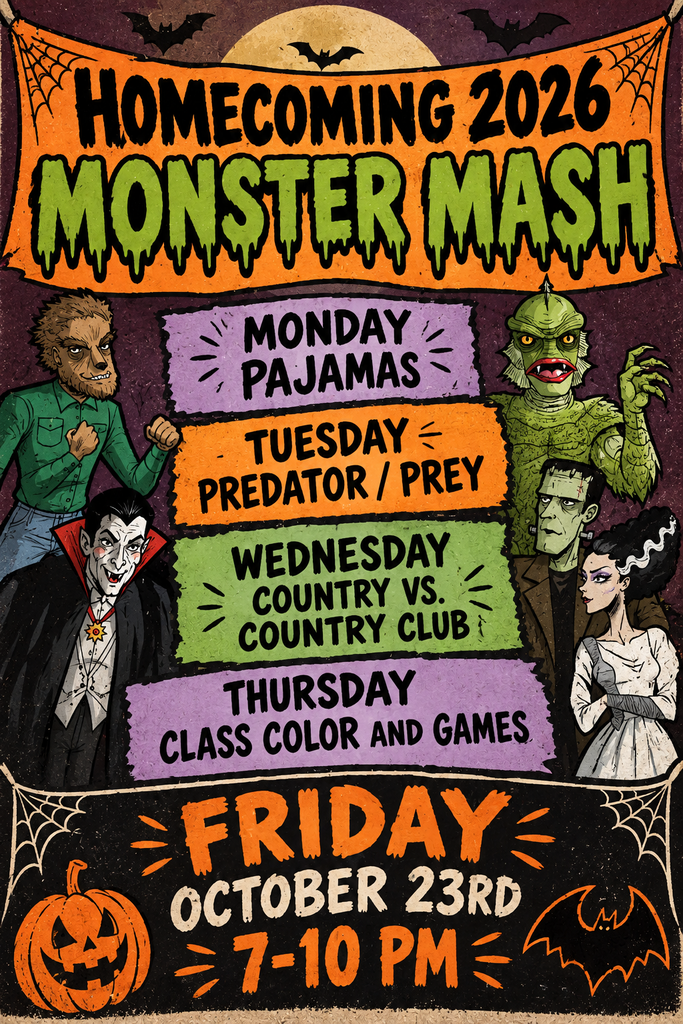 A poster features a Halloween theme with cartoon characters, including a werewolf and Dracula, in various costumes.