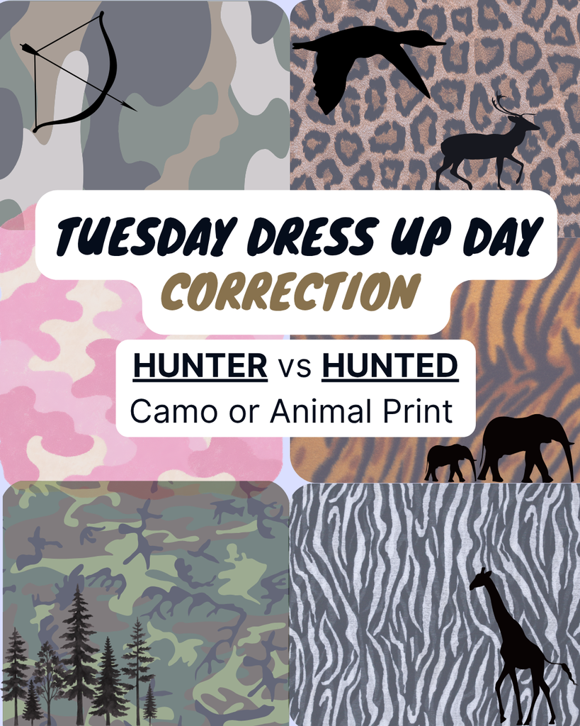 Collage of six images; top left: bow and arrow, top right: leopard print, center: giraffe and zebra, bottom left: camouflage, bottom right: giraffe on zebra print.