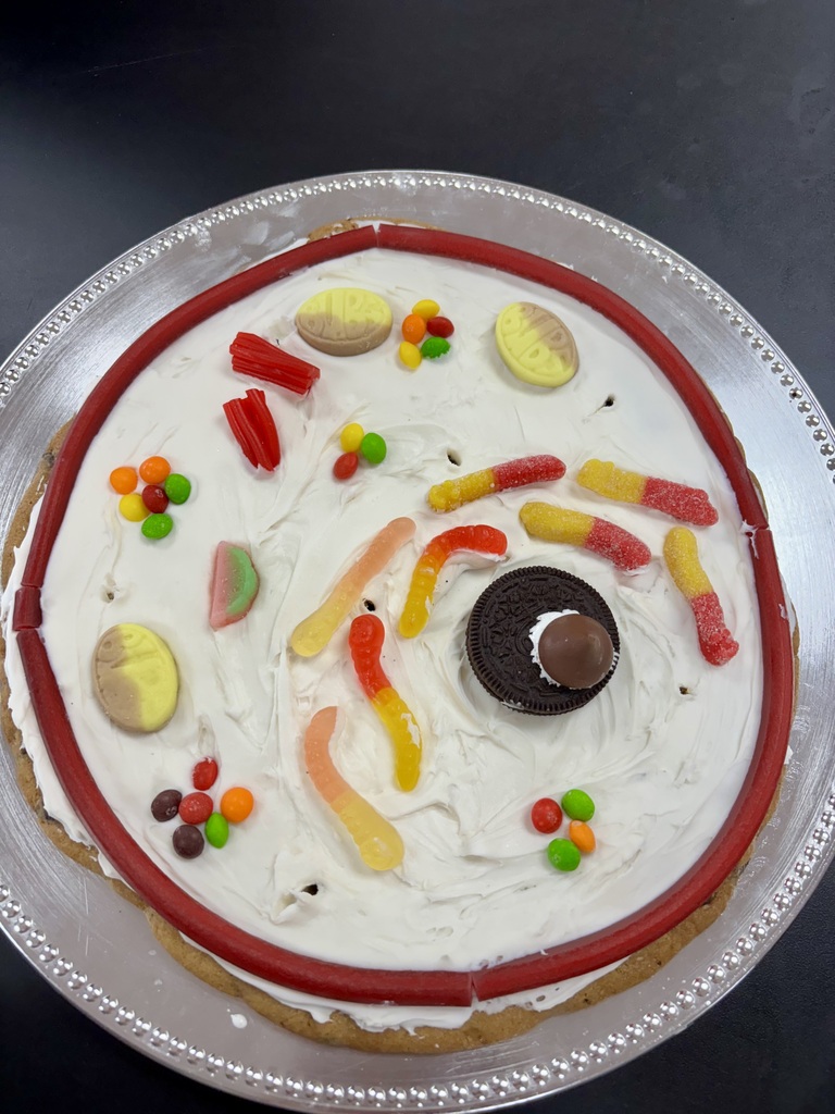 A round plate with a pizza-like dessert on it; toppings include gummy candy and frosting.