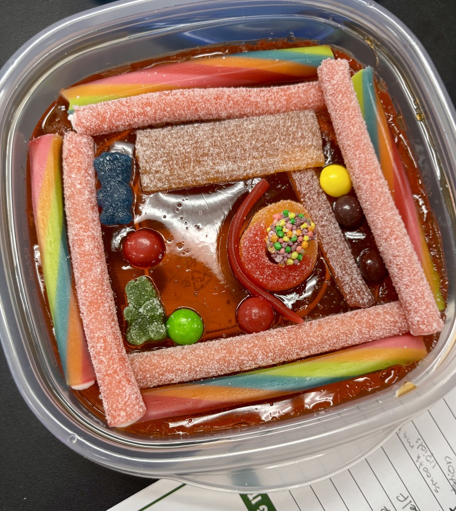 A clear plastic container with a red liquid holds colorful gummy candies arranged in a house-like structure.