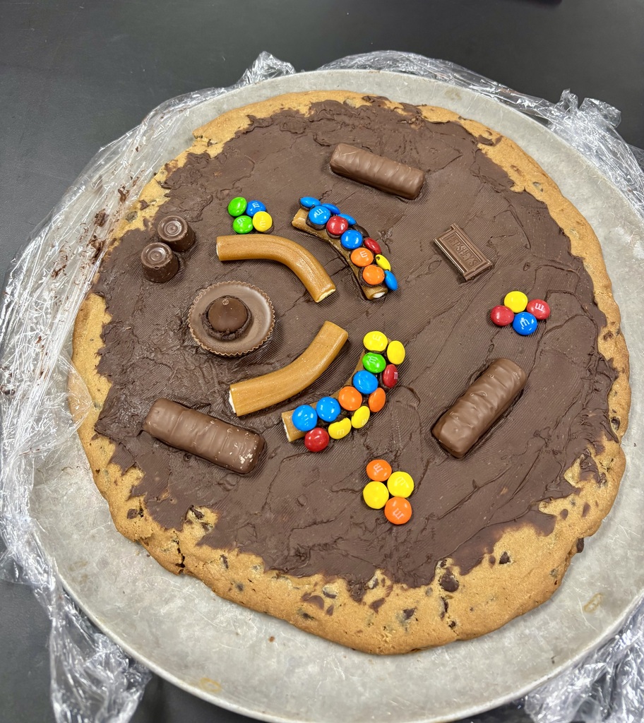 Chocolate-covered cookie with colorful candies and chocolate bars arranged in a circle on a foil-covered tray.