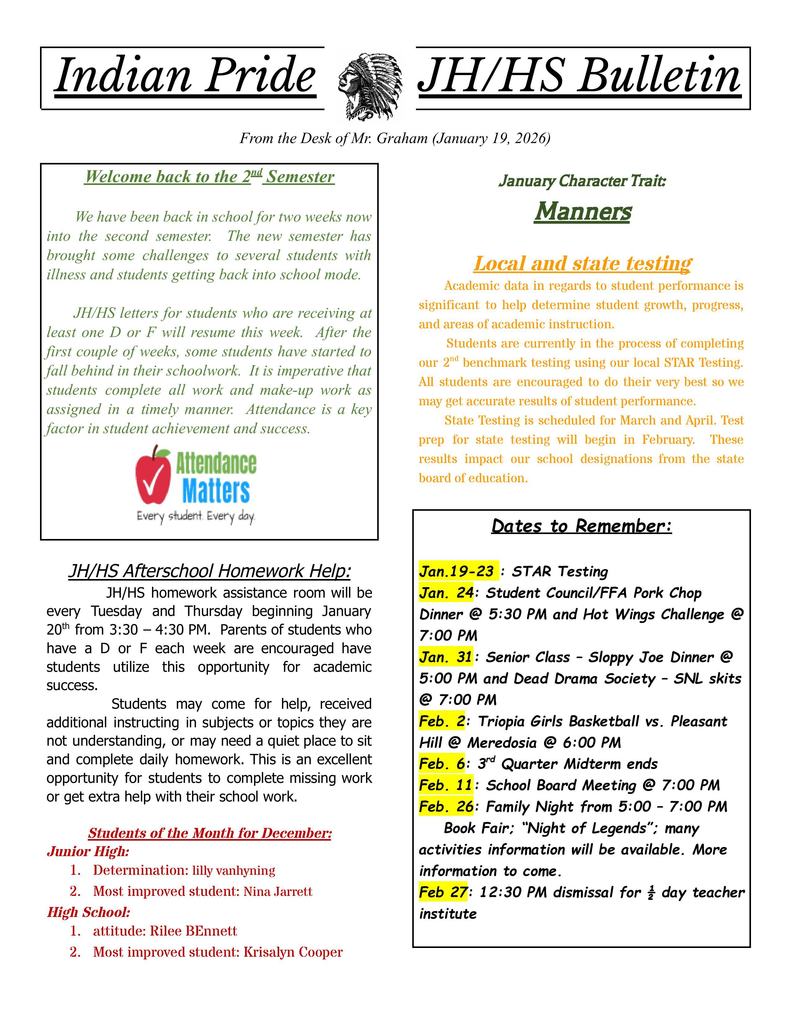 Indian Pride - JH/HS Bulletin