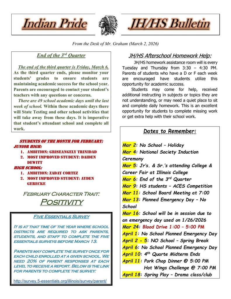 Indian Pride - JH/HS Bulletin