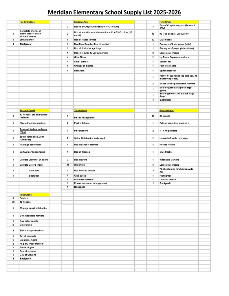 2025-2026 School supply List