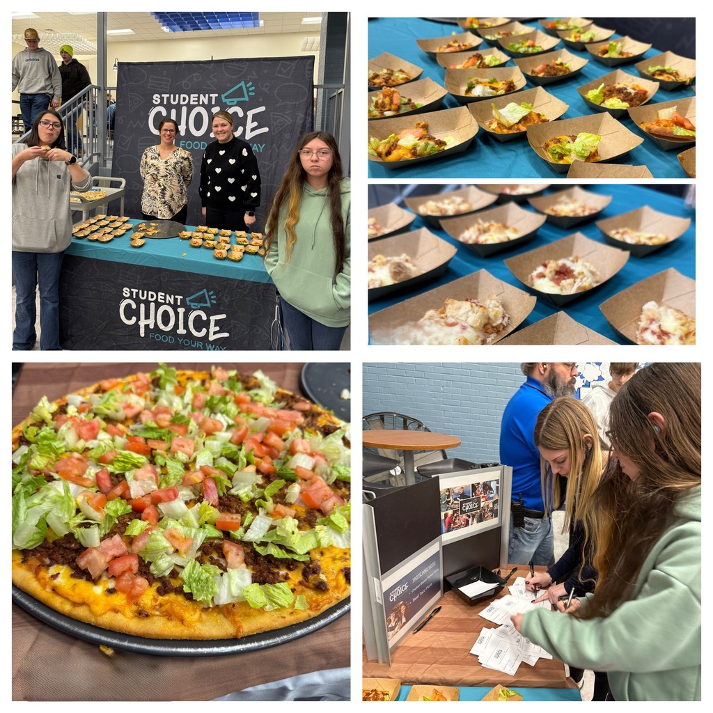 A collage of images from National Pizza week's student choice option menu tasting at MECHS. Images include students trying pizza and standing in front of the table posing for a photo with their pizza. 