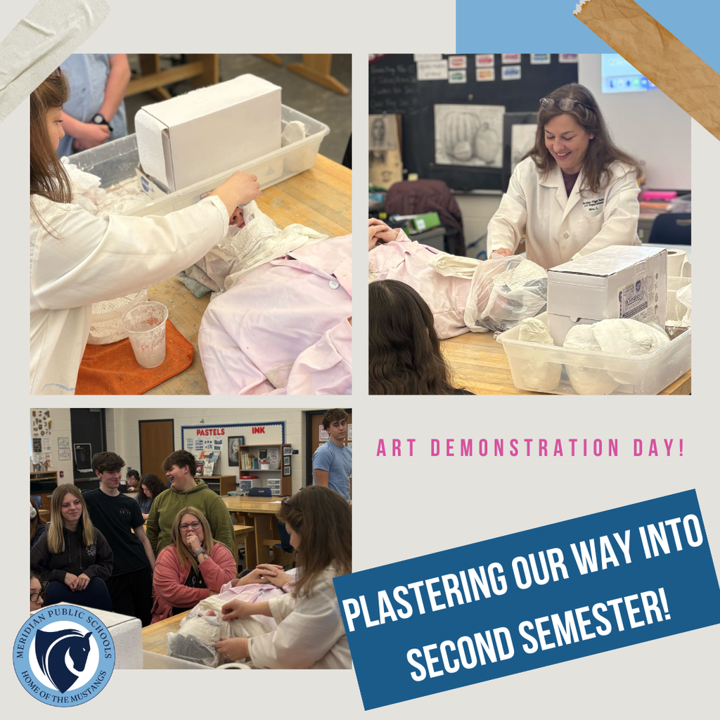 Digital collage of photos showing MECHS Art Teacher Gina Lewandowski plaster covering a face, arm, and hand in class today to showcase to students the possibilities they have  and how to bring their next project to life!