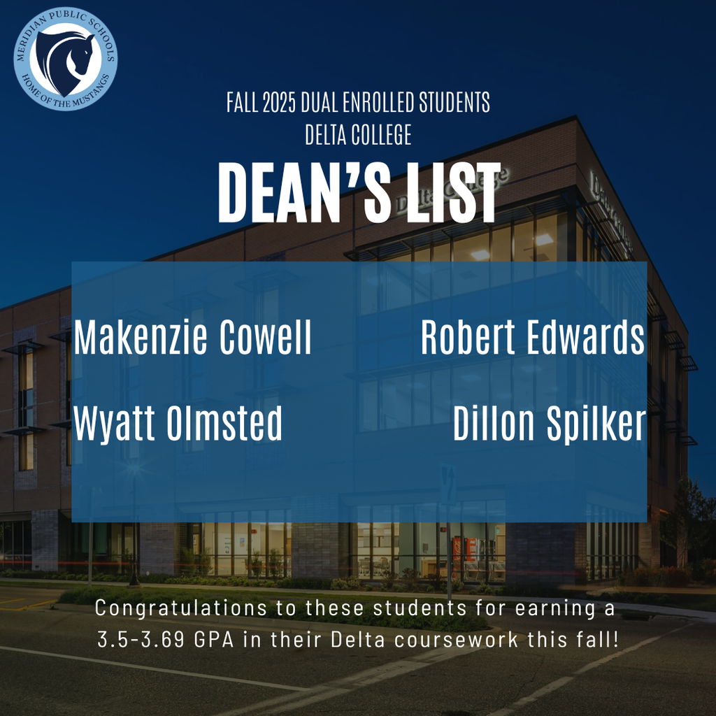 A congratulatory image with a list of four student names, Makenzie Cowell, Robert Edwards, Wyatt Olmsted, and Dillon Spilker for their academic achievement of dean's list at Delta College in the Fall 2025 semester. 