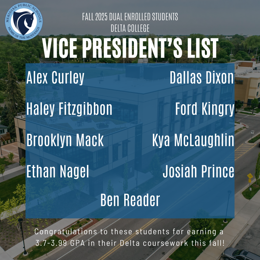 A congratulatory image with a list of nine student names, Alex Curley, Dallas Dixon, Haley Fitzgibbon, Ford Kingry, Brooklyn Mack, Kya McLaughlin, Ethan Nagel, Josiah Prince, and Ben Reader for their academic achievement of vice president's list at Delta College in the Fall 2025 semester. 