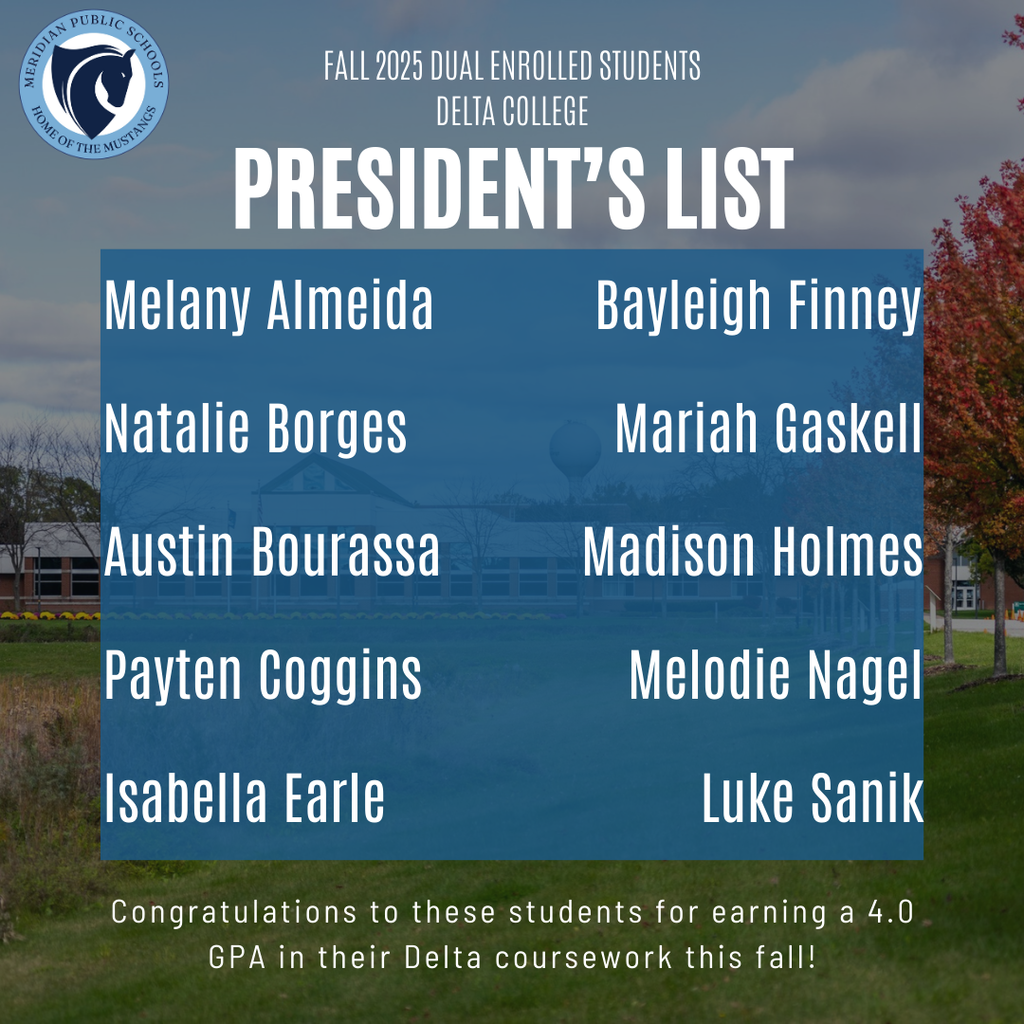 A congratulatory image with a list of ten student names, Melany Almeida, Bayleigh Finney, Natalie Borges, Mariah Gaskell, Austin Bourassa, Madison Holmes, Payten Coggins, Melodie Nagel, Isabella Earle, and Luke Sanik for their academic achievement of president's list at Delta College in the Fall 2025 semester. 