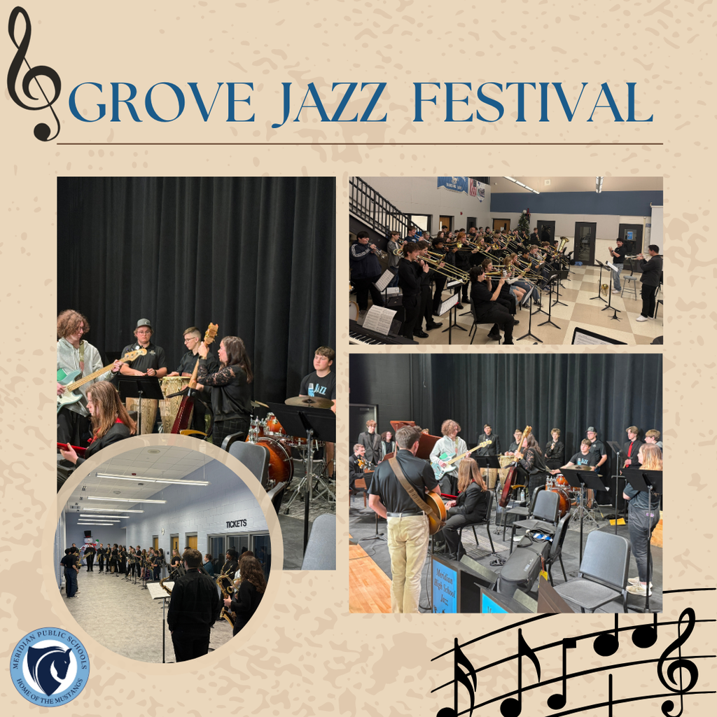 Collage from the Grove Jazz Festival showing multiple student jazz ensembles performing and rehearsing. At left and bottom right, students play guitars, bass, drums, piano, and percussion on a theater stage during a clinic. At top right, a large student jazz band with trumpets, trombones, and saxophones rehearses in a school commons space with a conductor. A circular inset at bottom left shows students lined up in a hallway holding instruments outside a ticketed performance area. Banner at top reads “Grove Jazz Festival,” with Meridian Public Schools logo in the lower left.