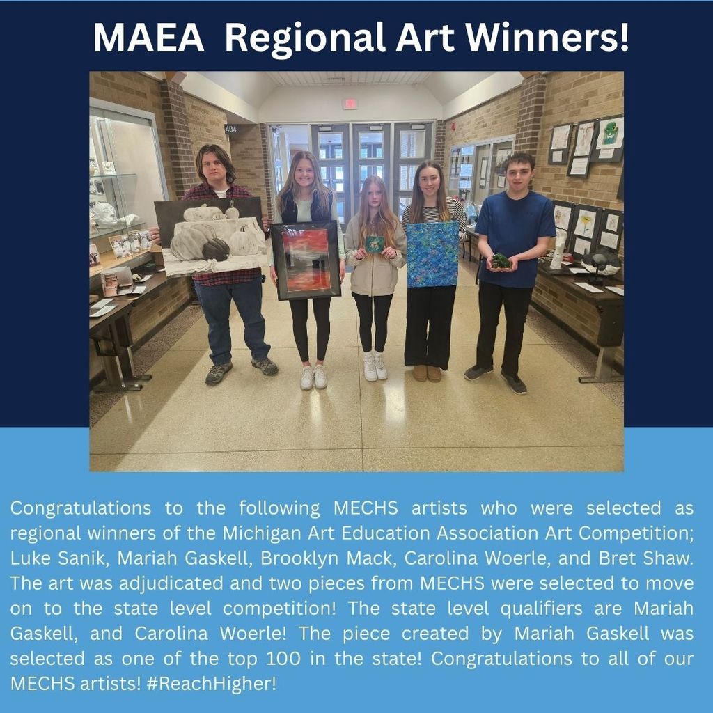 Five high school student artists stand in a school hallway holding their artwork beneath a banner reading “MAEA Regional Art Winners!” The students display a charcoal still life of pumpkins, a sunset landscape, a small framed piece, a blue abstract painting, and a small green clay sculpture. A caption congratulates the students for being selected as regional winners in the Michigan Art Education Association competition.