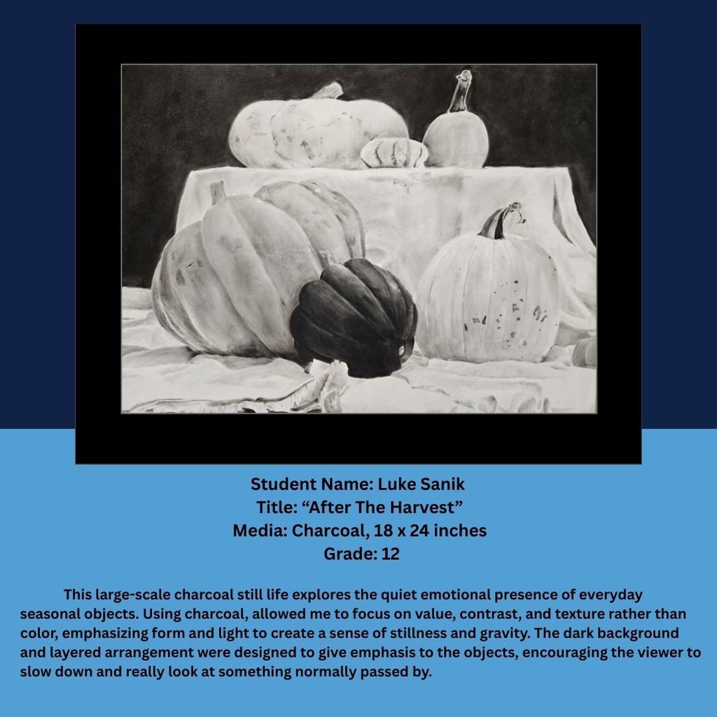 A large-scale charcoal still life drawing of pumpkins arranged on draped fabric against a dark background. The composition emphasizes light, shadow, and texture, creating strong contrast and depth. Text below identifies the artist as Luke Sanik, Grade 12, and describes the focus on value, stillness, and seasonal objects.