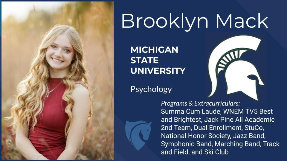 A graphic announcing Brooklyn Mack's commitment to Michigan State University for Psychology, featuring her photo and a list of her academic and extracurricular achievements.