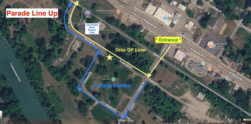 Parade Line-Up Map for Homecoming Parade 2026. Aerial map showing lineup location.