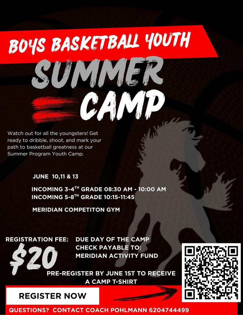 Summer Youth BB Camp June 10, 11, 13. Preregister by June 1st to receive a camp t-shirt. $20 dolllar registration fee. Camp is for incoming 3-8 grade students.