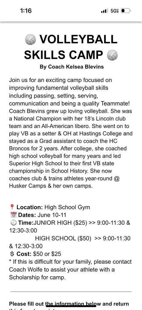 Volleyball Skills Camp Flyer Location: High School Gym, June 10-11, 9:30-11:00 & 12:30-3:00. Fill out the information below and return it to Brook Hofstetter.