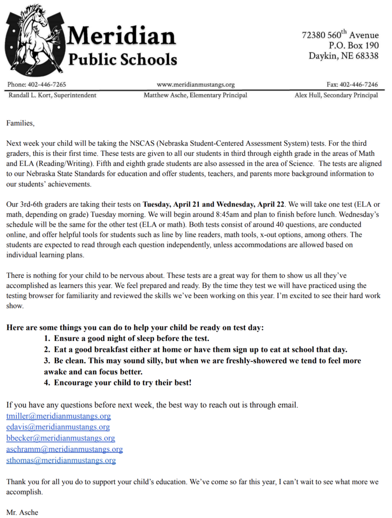 NSCAS Testing Letter