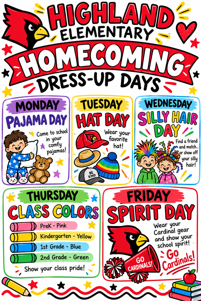Highland's Homecoming Spirit Week dress up days. Monday is pajama day. Tuesday is Hat day. Wednesday is silly hair day. Thursday is Class colors (pre-k pink, yellow kindergarten, blue 1st grade, green 2nd grade) Friday wear your spirit wear.