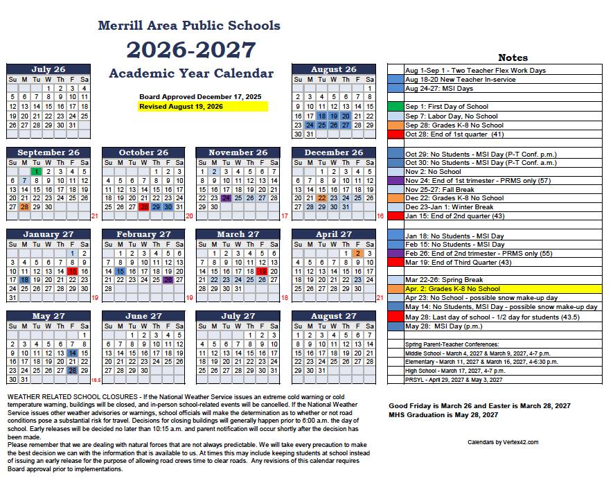 Revised 2026-2027 calendar
