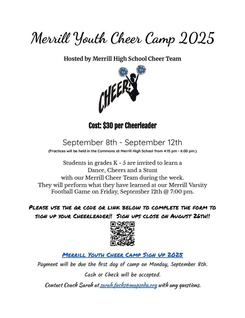 Merrill Youth Cheer Camp sign up sheet