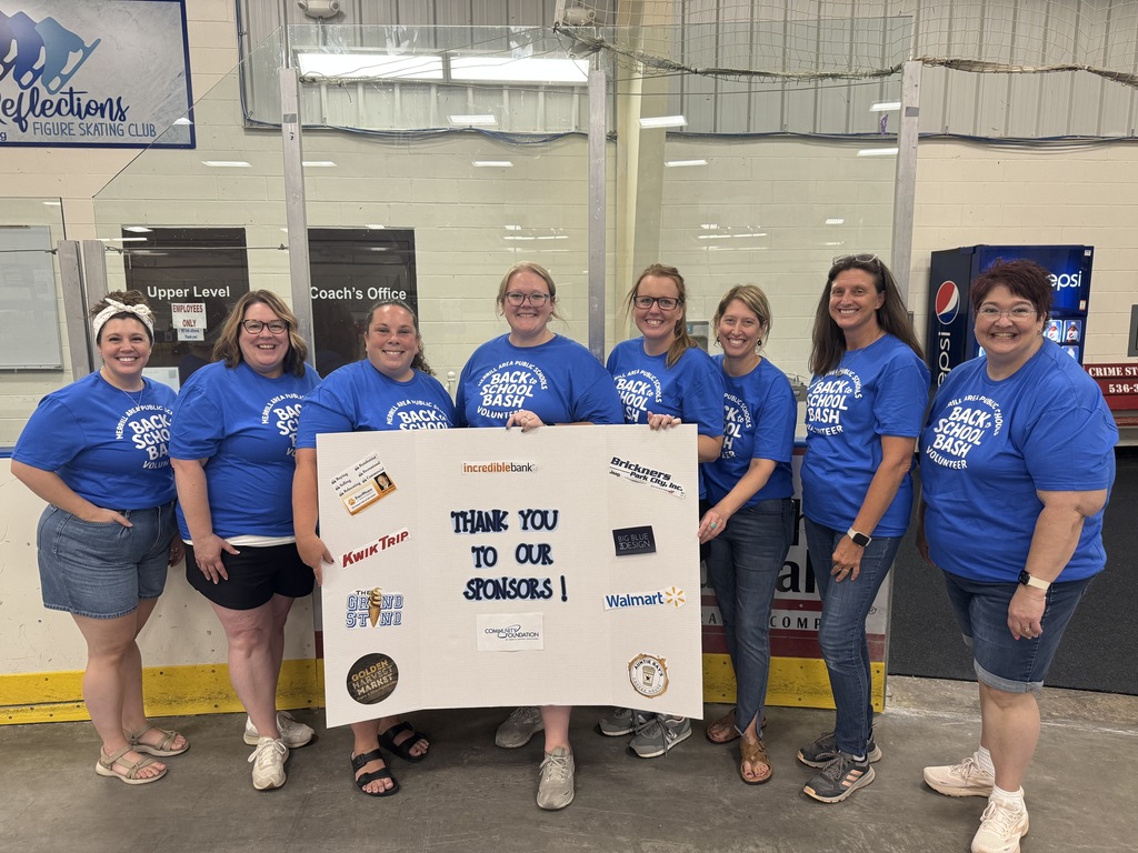 Thank you to the sponsors of the Back to School Bash - staff are wearing blue shirts holding a sign