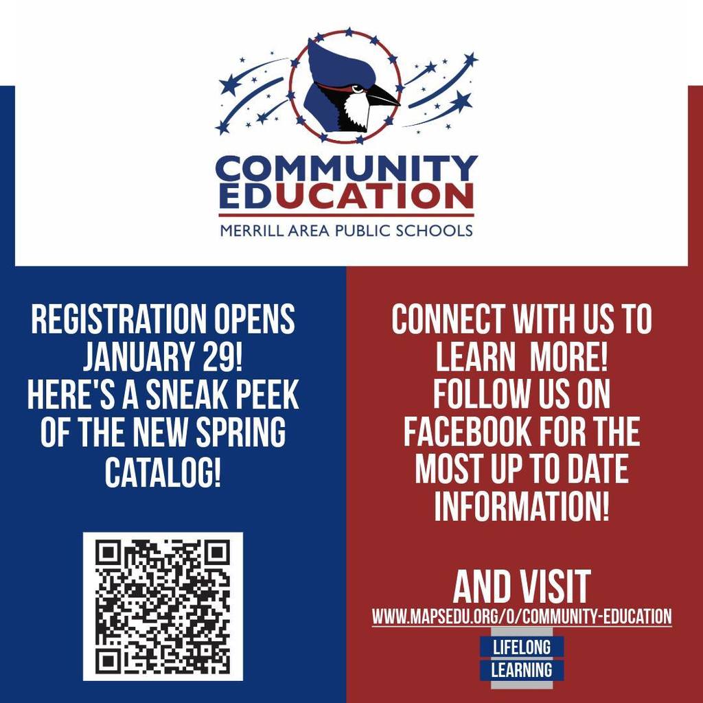 Community Education Registration opens January 29! Here's a sneak peek of the new spring catalog - www.mapsedu.org/o/community-educaiton