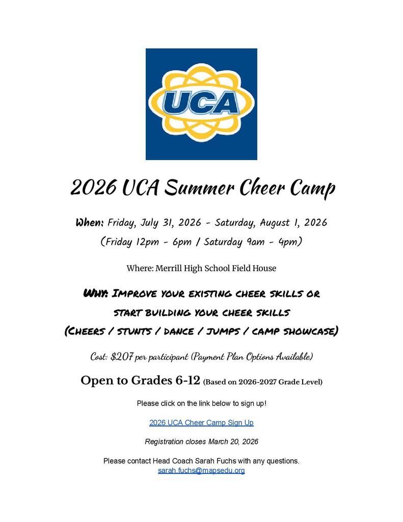 2026 UCA Summer Cheer Camp Friday, July 31, 2026-Saturday, August 1, 2026 - Registration for the 4th Annual UCA Cheer Camp is open now through March 20th!  This camp is open to students in grades 6-12 for the 2026-2027 school year.   Cost is $207 - Thank you ~~ Coach Sarah