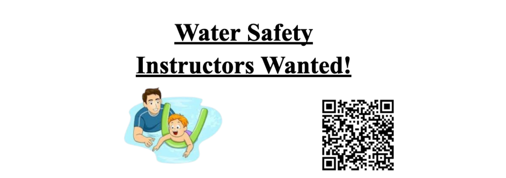 Water safety instructors wanted with picture of man helping child on a floatie. UPC 
