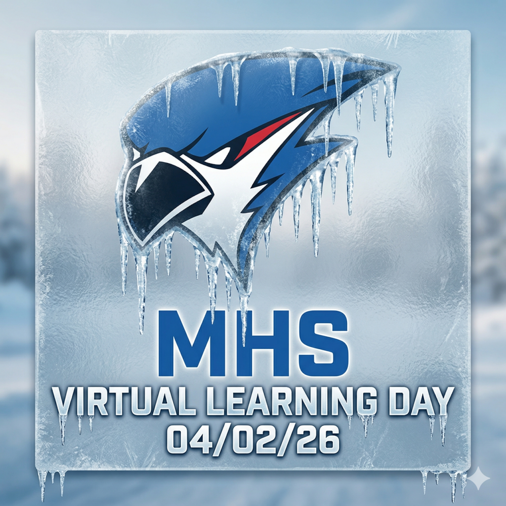 Freezing bluejay that says, "MHS Virtual Learning Day 04/02/26