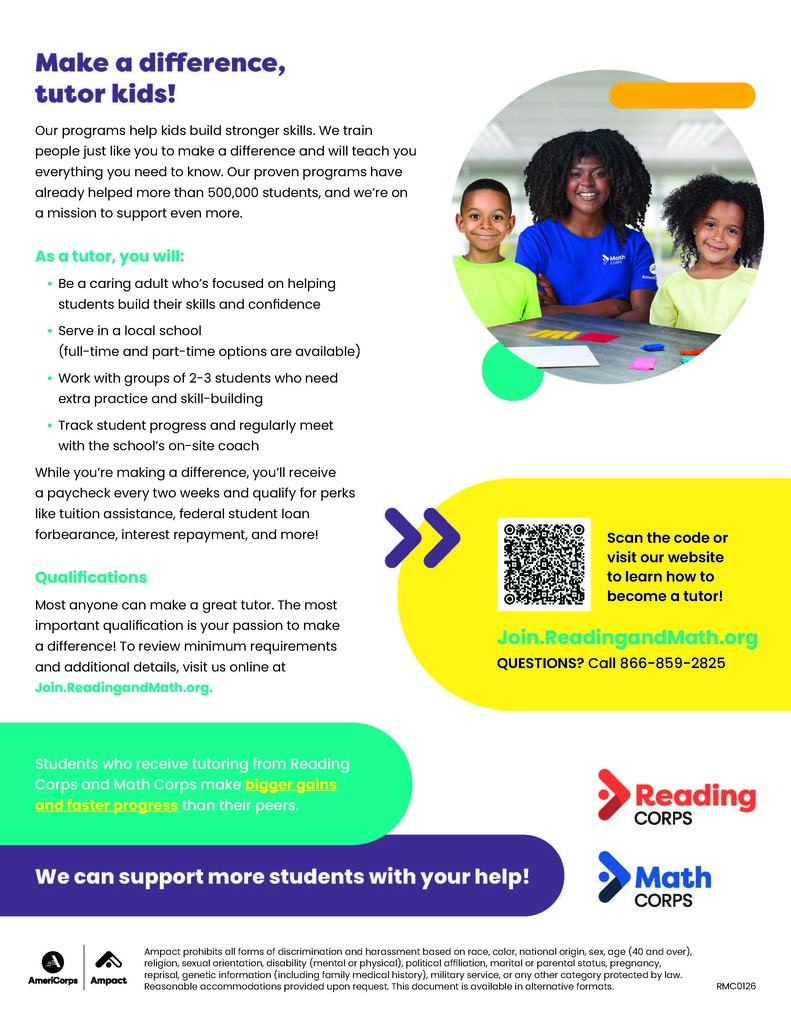 A flyer/brochure about joining Reading and Math Corps for tutoring